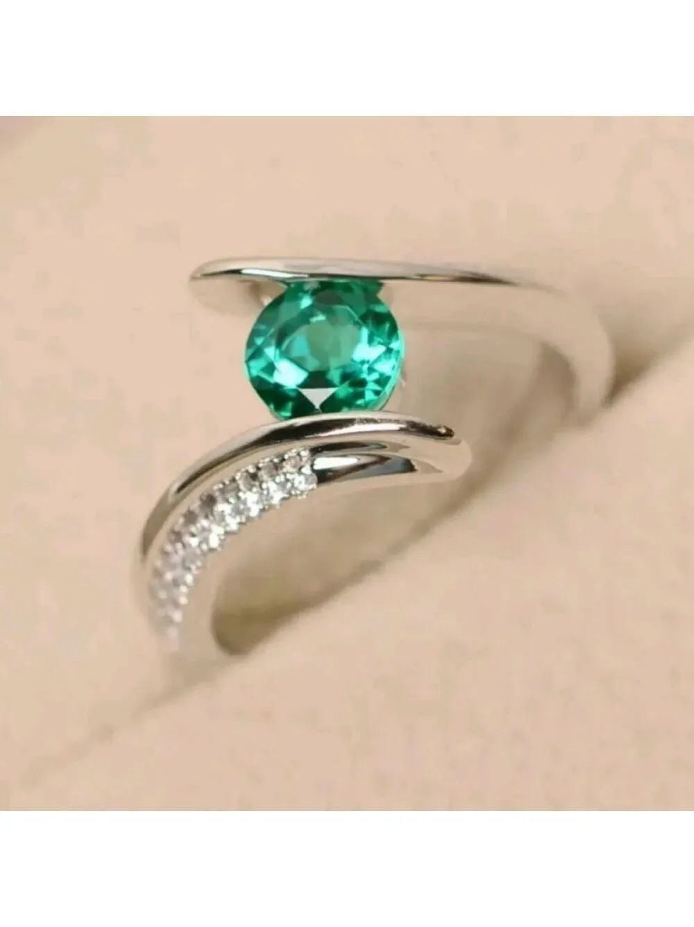 Green Emerald and Zircon Gemstone Ring Silver Plated